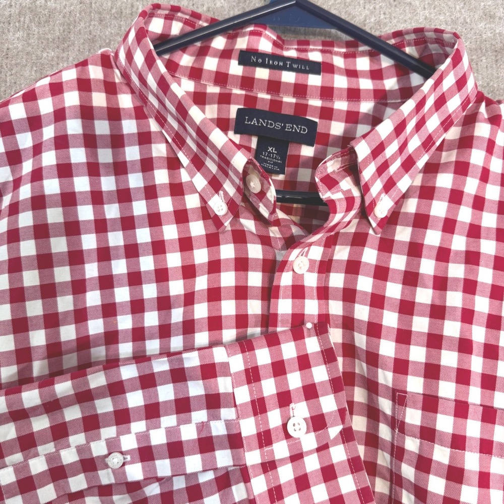Lands End Button Up Shirt Mens XL Red Gingham No Iron Twill Traditional Fit